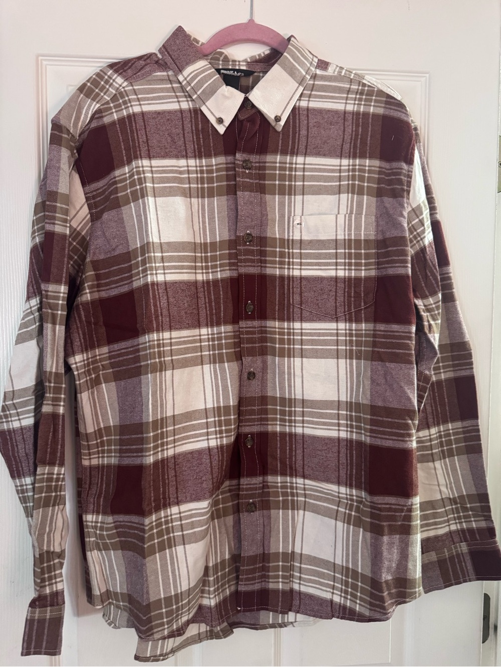 Eddie Bauer Men's Plaid Button-Down Shirt in Maroon, Brown, and White